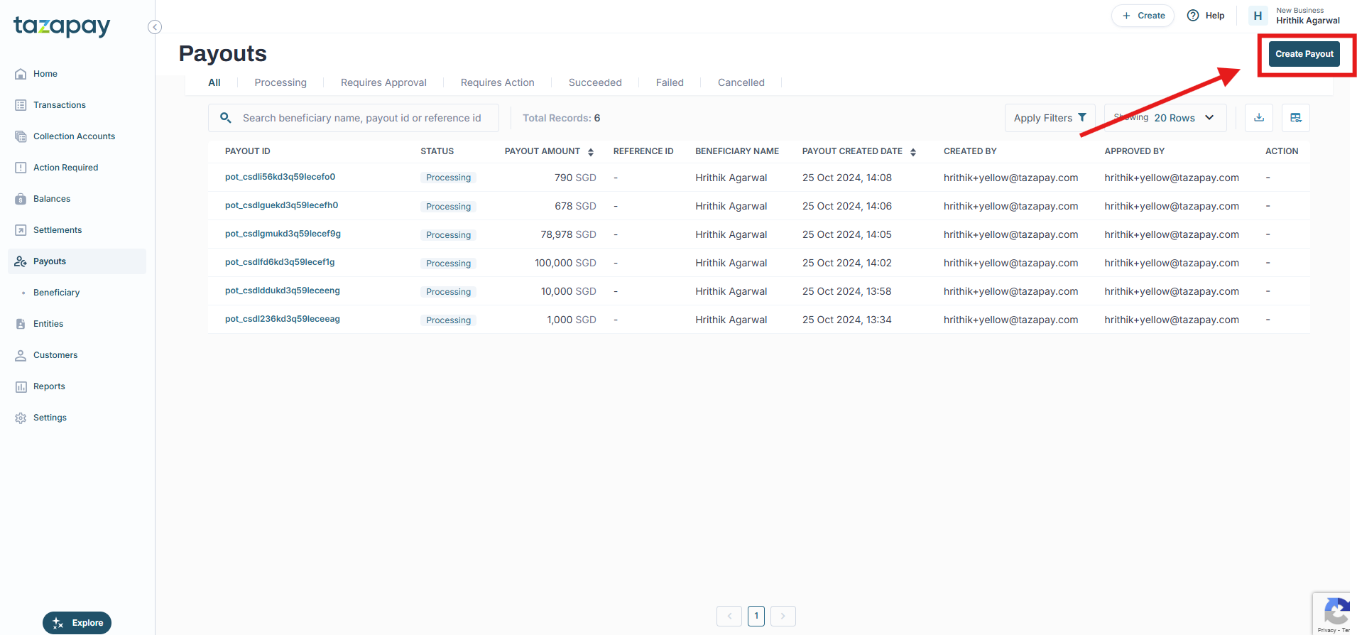 How do I create payouts on behalf of an entity?