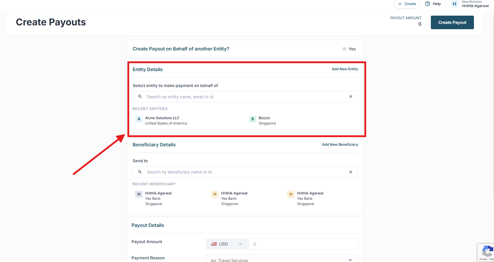 How do I create payouts on behalf of an entity?